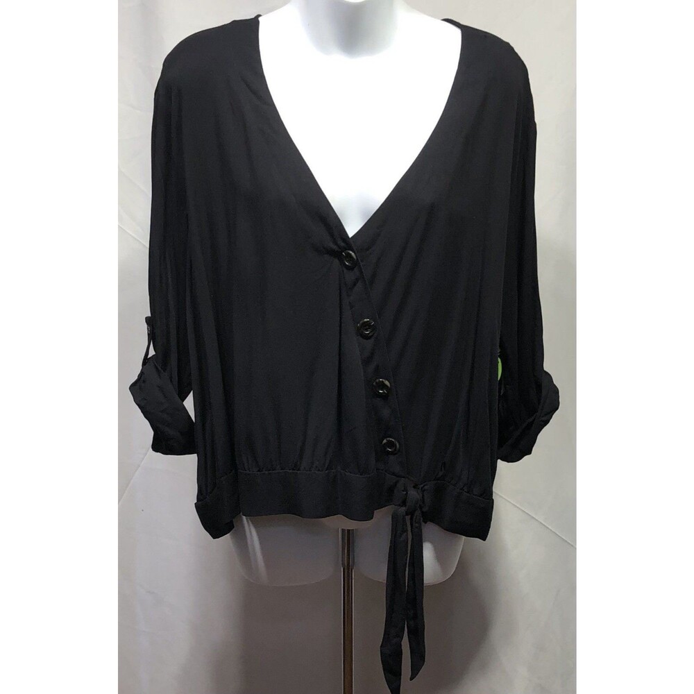 NWT ANA Top XL Blk Tie Waist Roll tab Sleeve Button Up Flowy Rayon Beach Summer